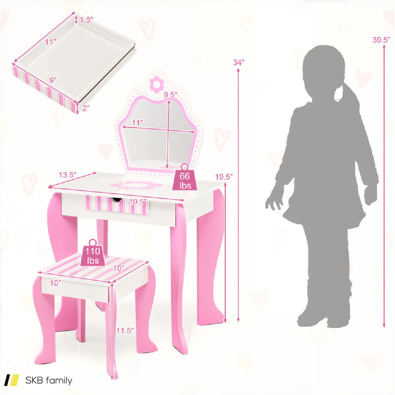 2-In-1 Toddler Vanity Set With Detachable Top And Cute Flower Patterns 240615-229272