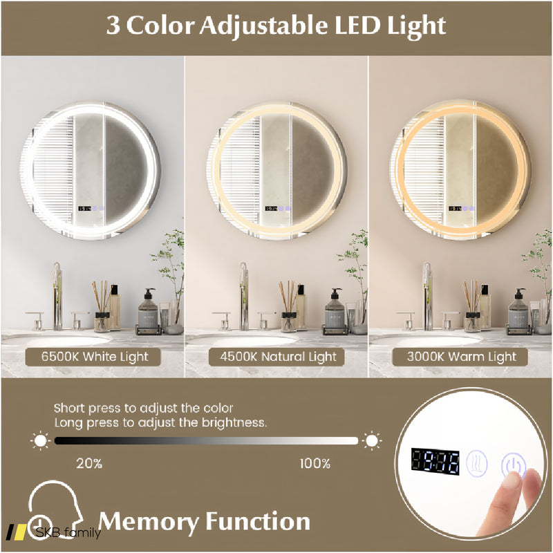 Anti-Fog Round Led Bathroom Mirror With 3 Color Led Lights 240615-229274