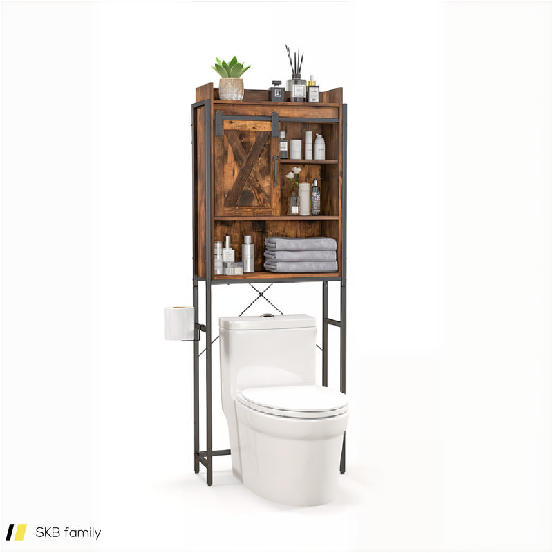 4-Tier Multifunctional Toilet Storage Cabinet With Adjustable Shelf And Sliding Barn Door 240615-229281