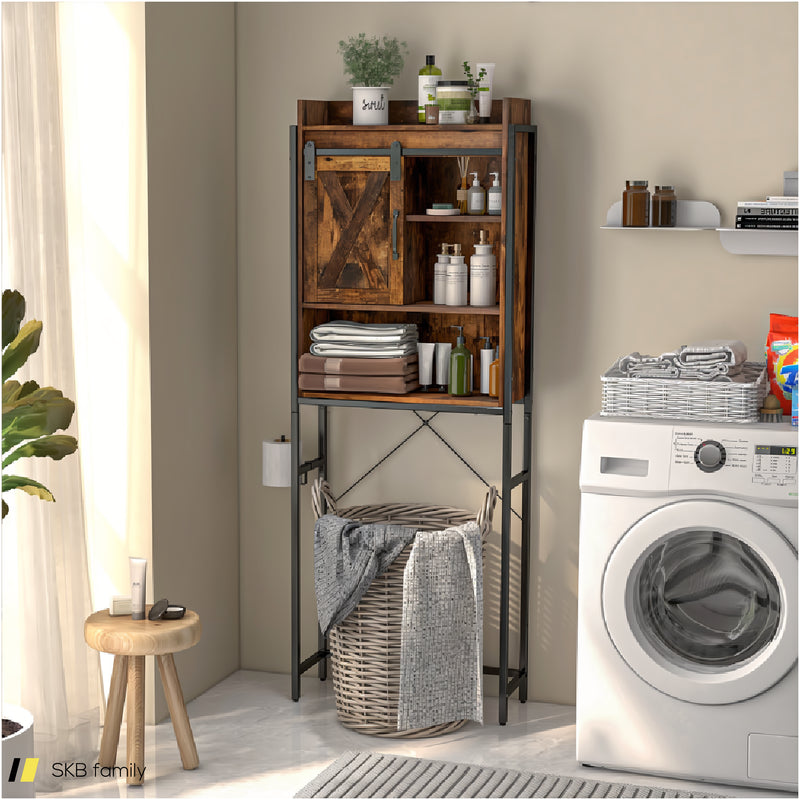 4-Tier Multifunctional Toilet Storage Cabinet With Adjustable Shelf And Sliding Barn Door 240615-229281