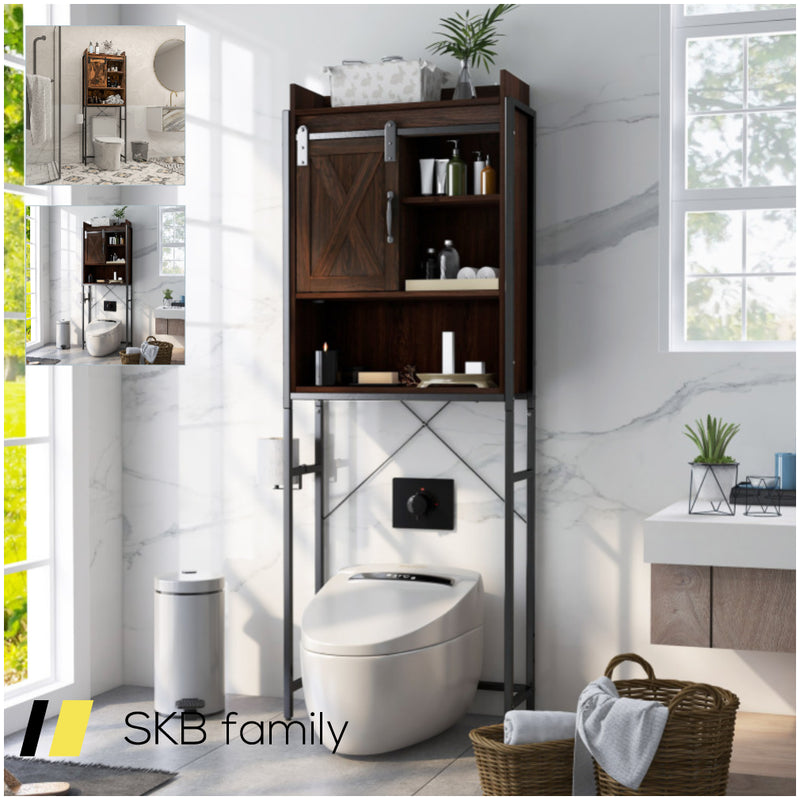 4-Tier Multifunctional Toilet Storage Cabinet With Adjustable Shelf And Sliding Barn Door 240615-229281