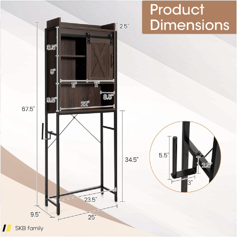 4-Tier Multifunctional Toilet Storage Cabinet With Adjustable Shelf And Sliding Barn Door 240615-229281