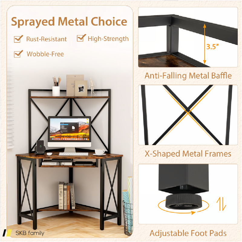 Space-Saving Corner Computer Desk With With Hutch And Keyboard Tray 240615-229284