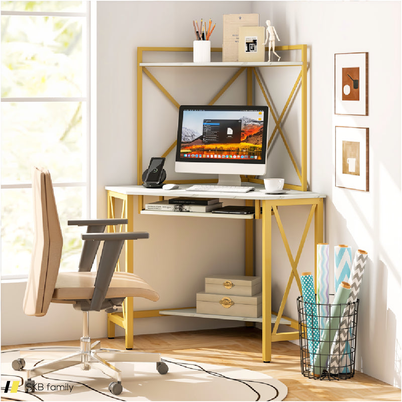 Space-Saving Corner Computer Desk With With Hutch And Keyboard Tray 240615-229284