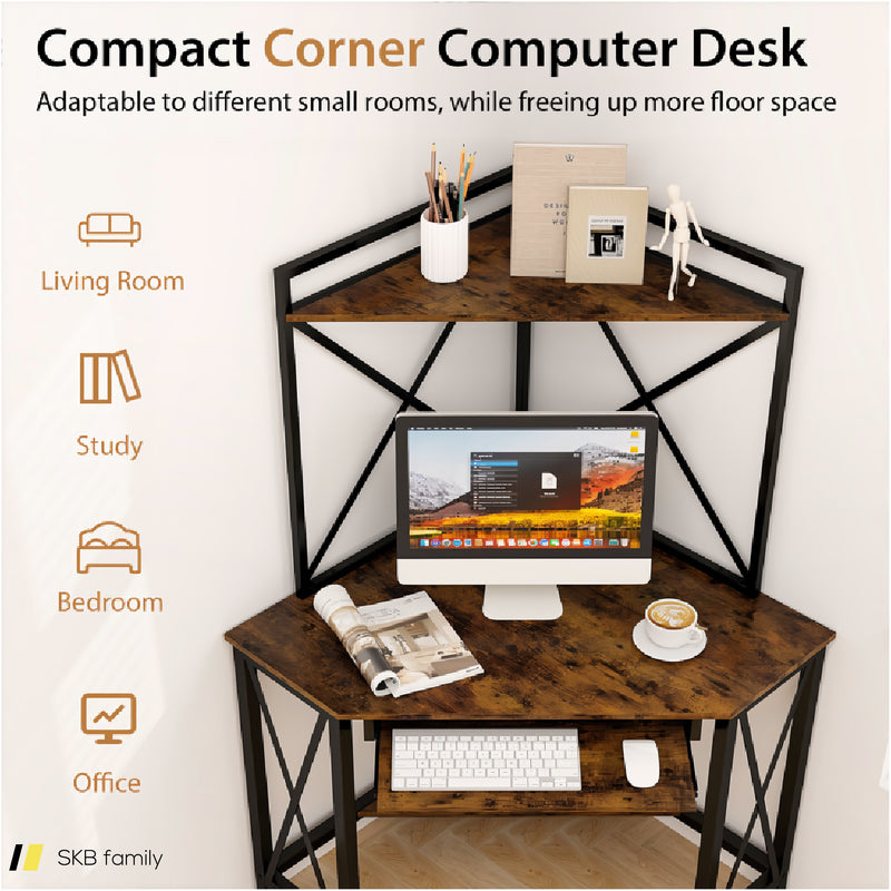 Space-Saving Corner Computer Desk With With Hutch And Keyboard Tray 240615-229284