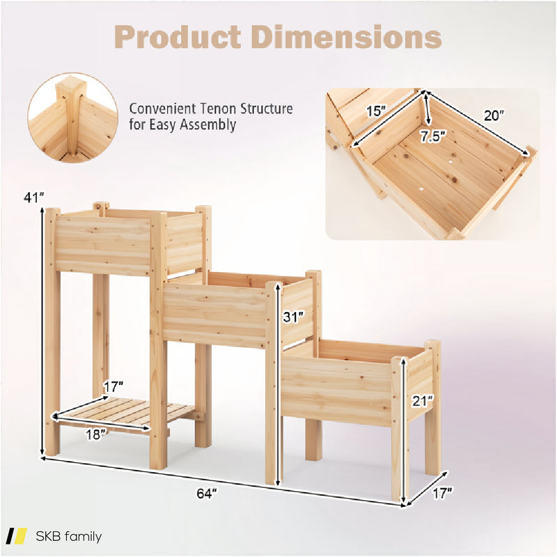 3-Tier Wooden Raised Garden Bed With Open Storage Shelf 240615-229286