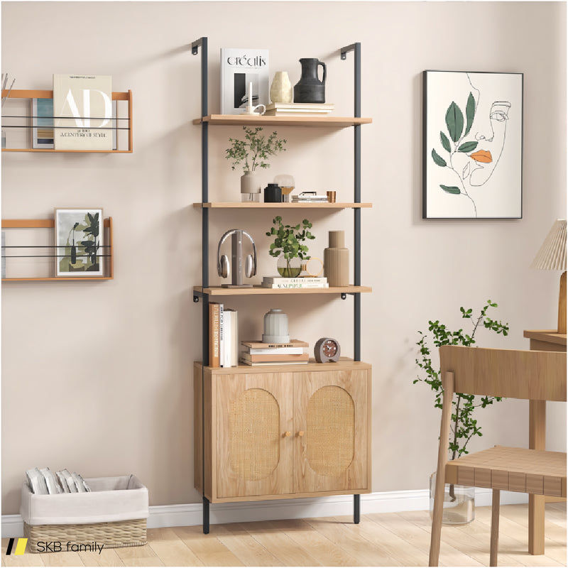 71 Inch 6-Tier Wall Mounted Ladder Bookshelf With Rattan Cabinet 240615-229310