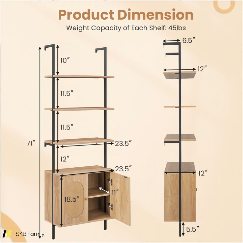 71 Inch 6-Tier Wall Mounted Ladder Bookshelf With Rattan Cabinet 240615-229310