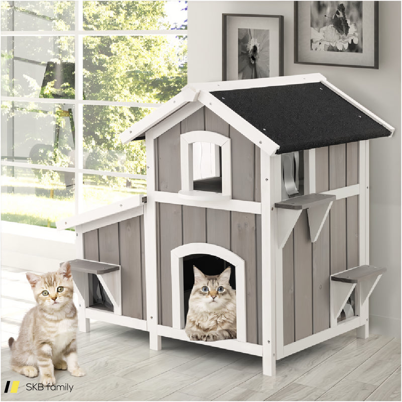 Outdoor 2-Story Wooden Feral Cat House With Escape Door 240615-229311