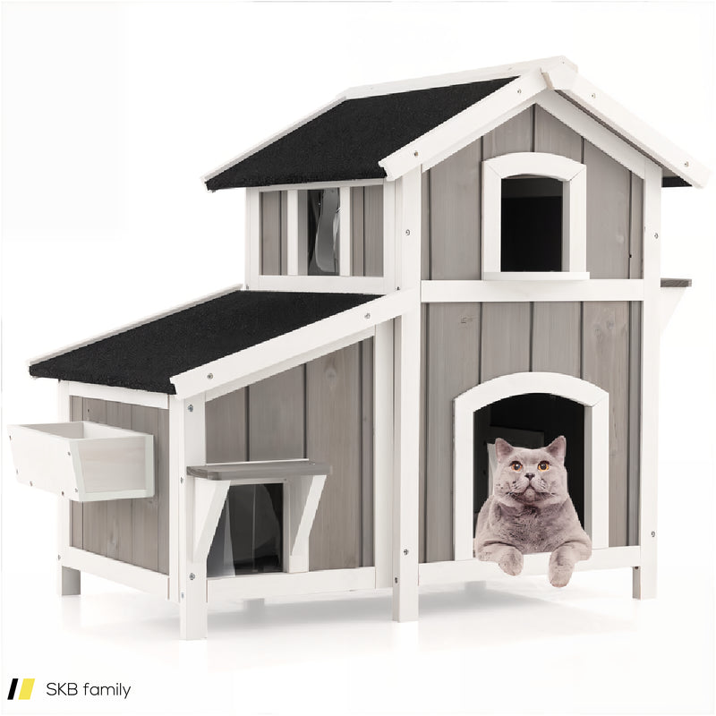 Outdoor 2-Story Wooden Feral Cat House With Escape Door 240615-229311