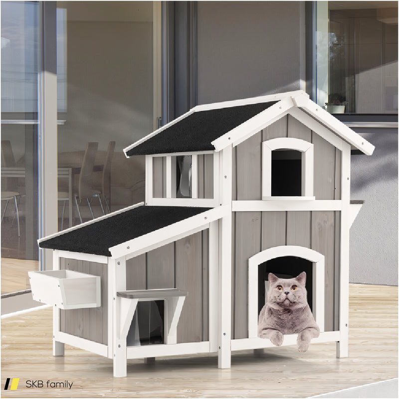 Outdoor 2-Story Wooden Feral Cat House With Escape Door 240615-229311