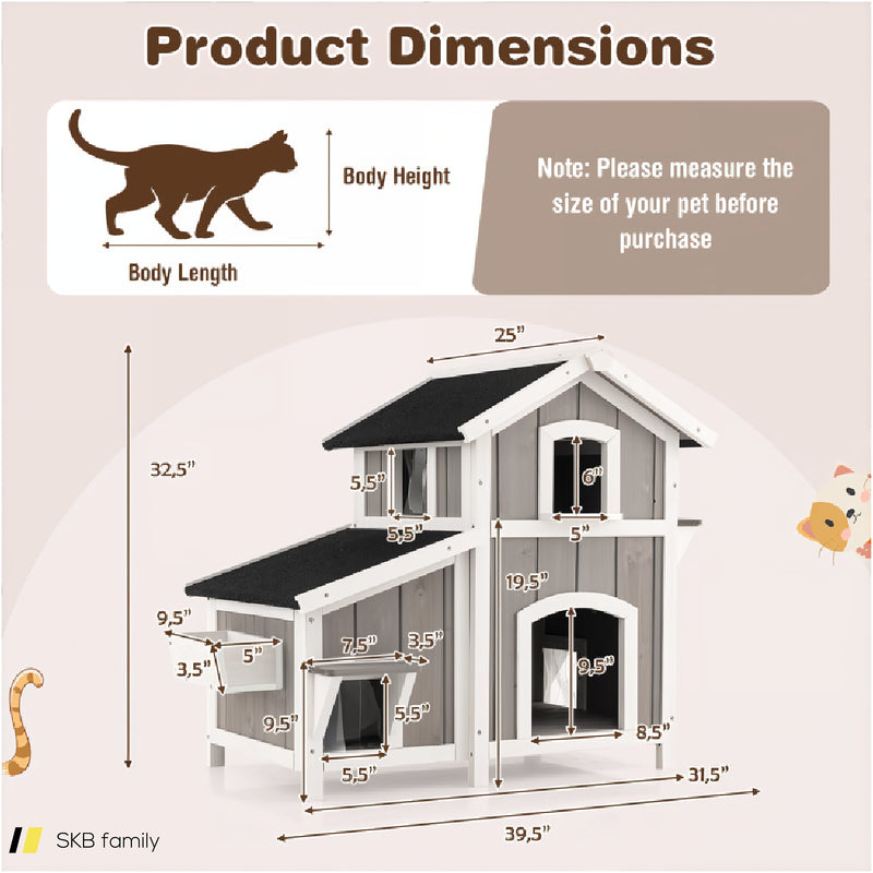 Outdoor 2-Story Wooden Feral Cat House With Escape Door 240615-229311