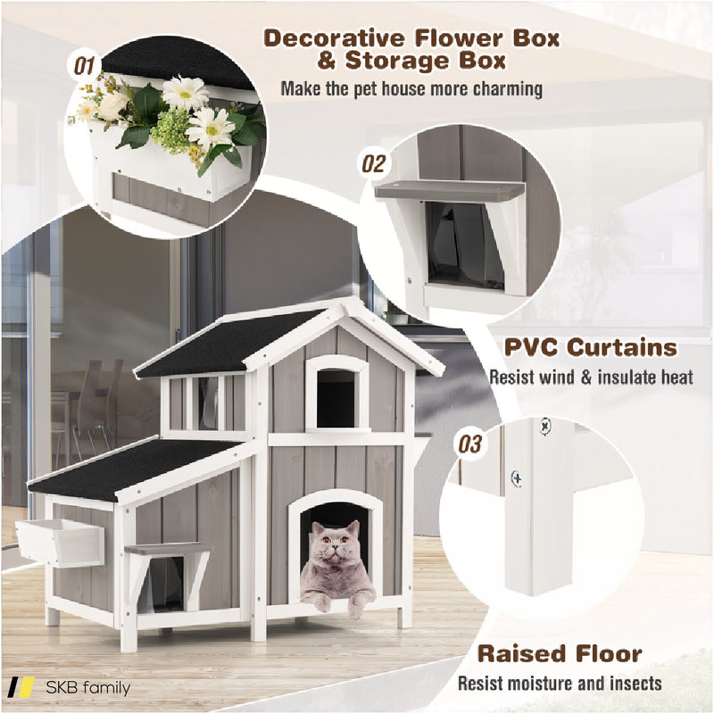 Outdoor 2-Story Wooden Feral Cat House With Escape Door 240615-229311