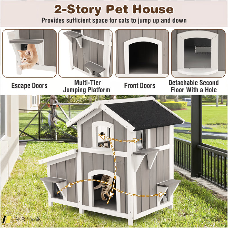 Outdoor 2-Story Wooden Feral Cat House With Escape Door 240615-229311