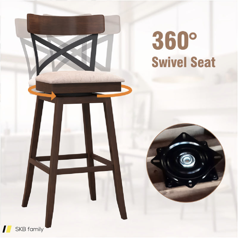 Set Of 2 Wooden Swivel Bar Stools With Cushioned Seat And Open X Back 240615-229314