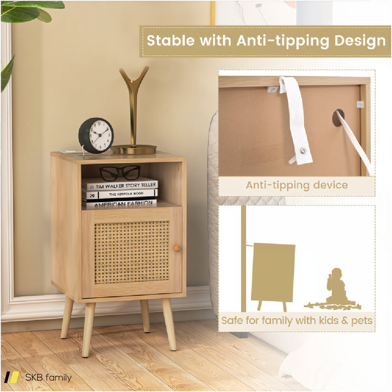 Rattan Nightstand With Charging Station Bedside Table With Usb Ports And Pe Rattan Door 240615-229322