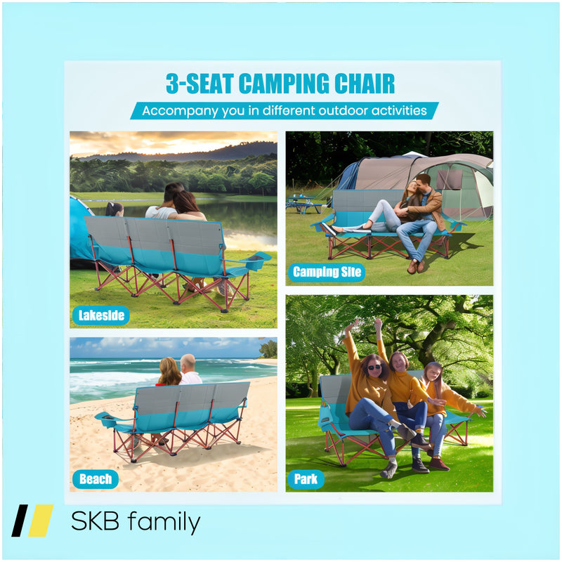 3 Person Folding Camping Chair With 2 Cup Holders Cotton Padding & Storage Bag 240615-229340