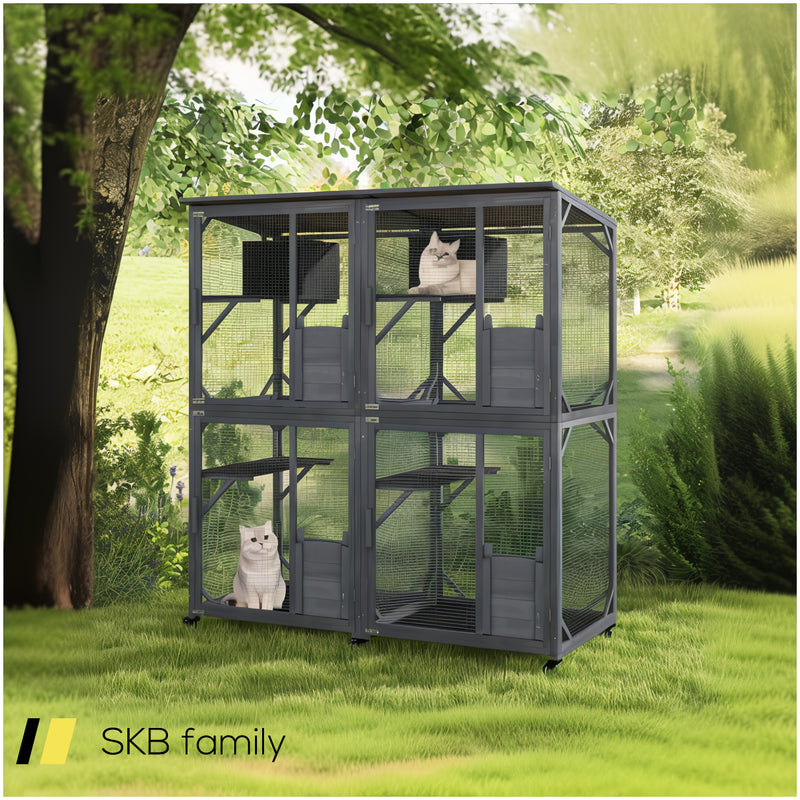 72 Inch Large Wooden Cat House Catio Kitten Enclosure On Wheels With Weatherproof Asphalt Roof 240615-229352