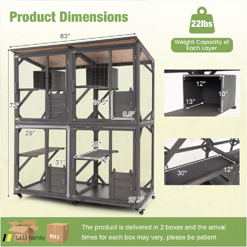 72 Inch Large Wooden Cat House Catio Kitten Enclosure On Wheels With Weatherproof Asphalt Roof 240615-229352