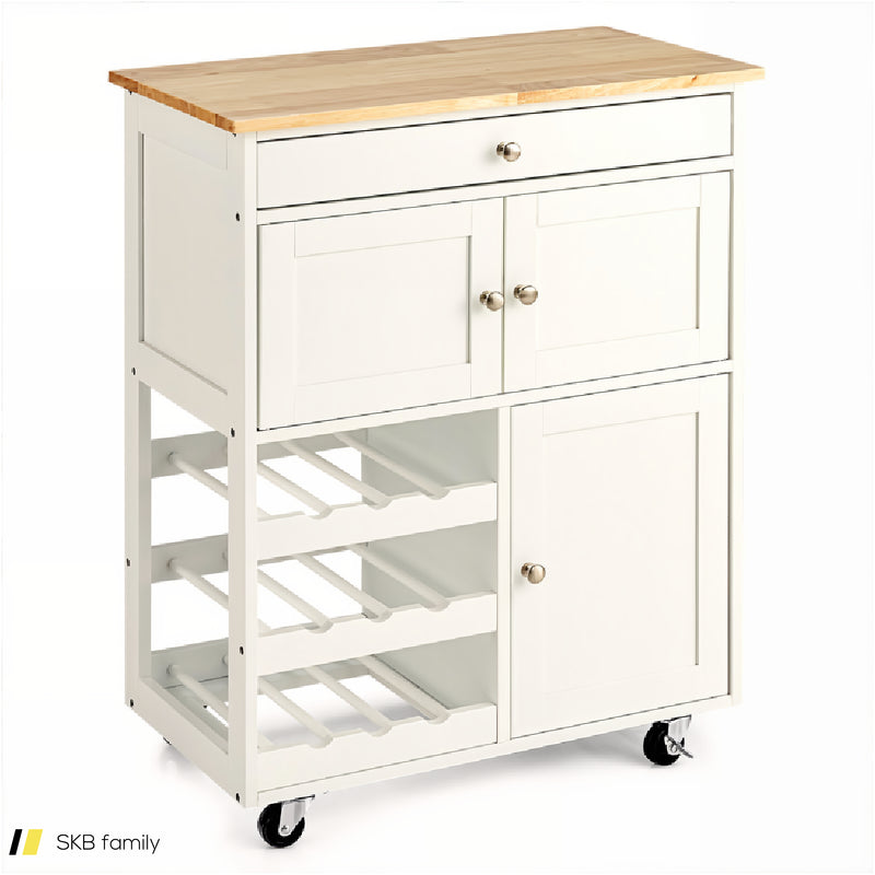 Kitchen Cart With Rubber Wood Top 3 Tier Wine Racks 2 Cabinets 240615-229374