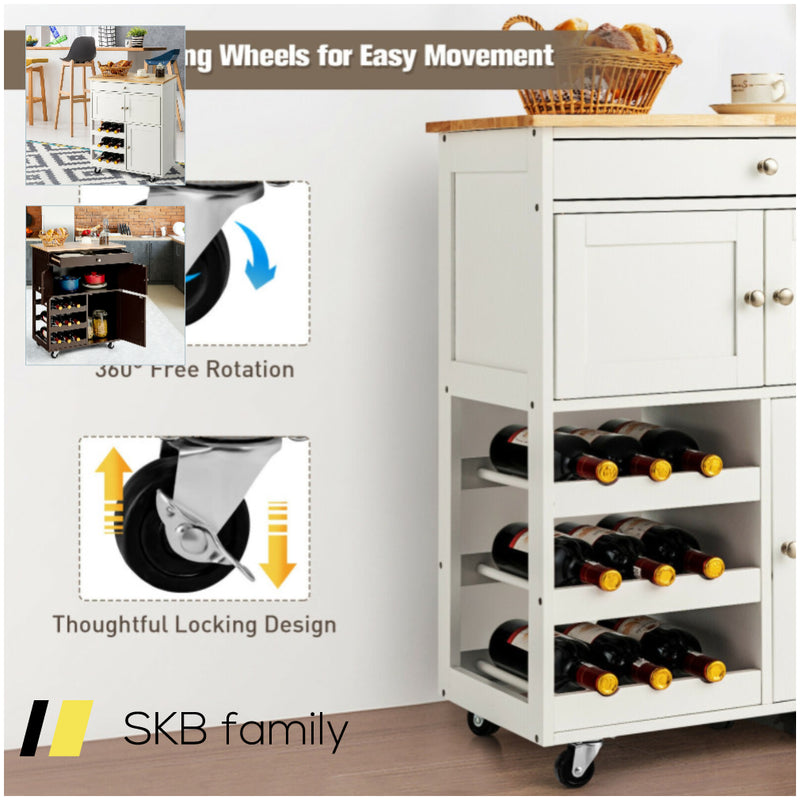 Kitchen Cart With Rubber Wood Top 3 Tier Wine Racks 2 Cabinets 240615-229374