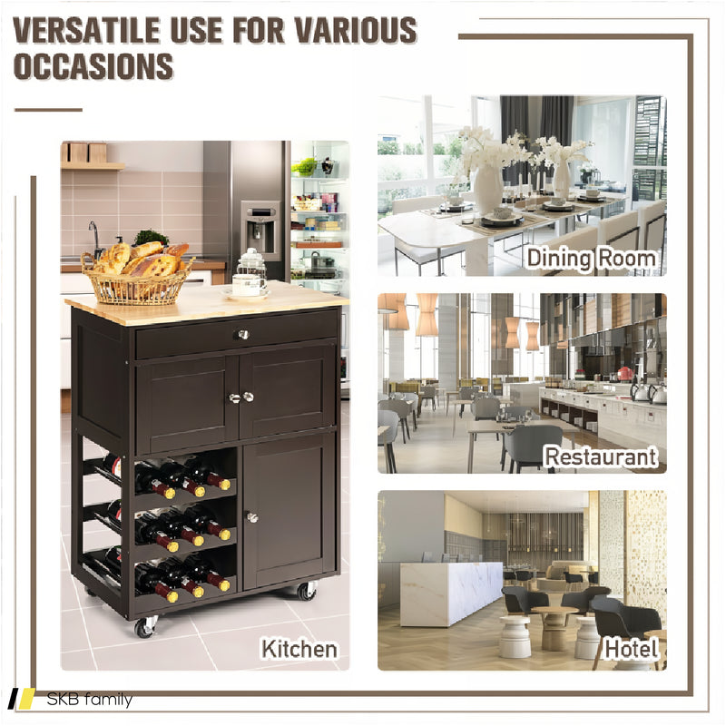 Kitchen Cart With Rubber Wood Top 3 Tier Wine Racks 2 Cabinets 240615-229374