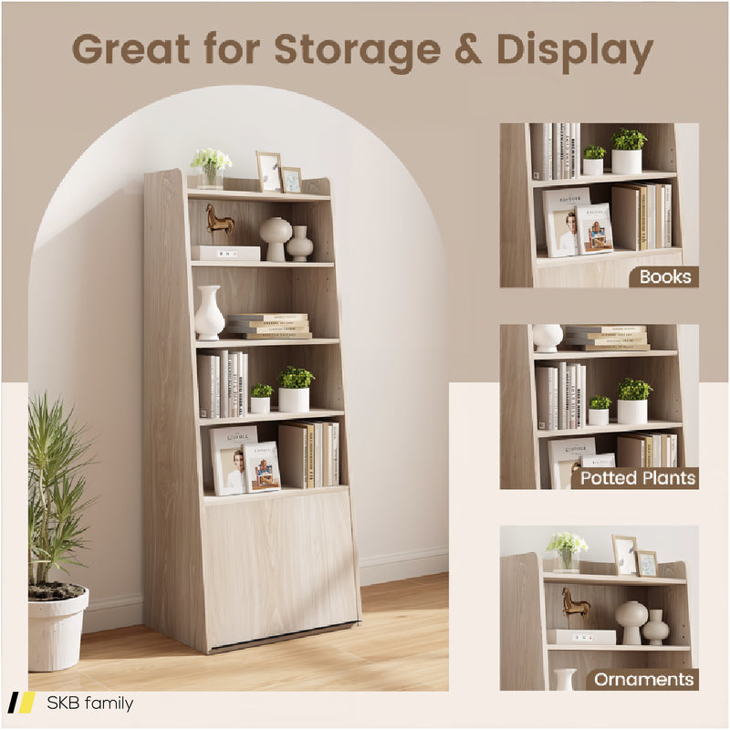 6-Tier Bookcase Freestanding Ladder Bookshelf With 2 Adjustable Shelves And Flip Up Door 240615-229377