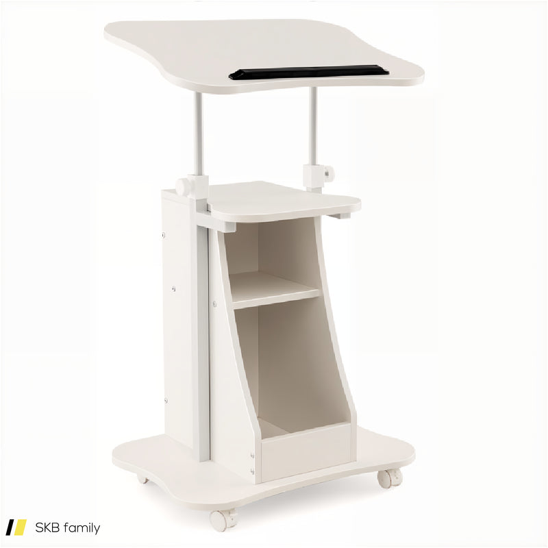 Mobile Podium Stand Height Adjustable Laptop Cart With Tilting Tabletop And Storage Compartments 240615-229384