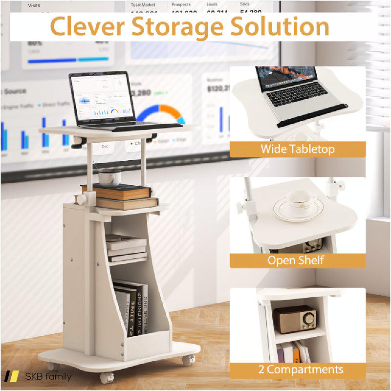 Mobile Podium Stand Height Adjustable Laptop Cart With Tilting Tabletop And Storage Compartments 240615-229384