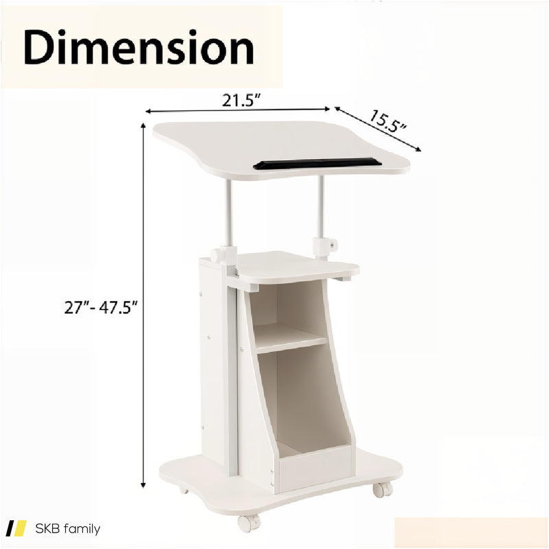 Mobile Podium Stand Height Adjustable Laptop Cart With Tilting Tabletop And Storage Compartments 240615-229384