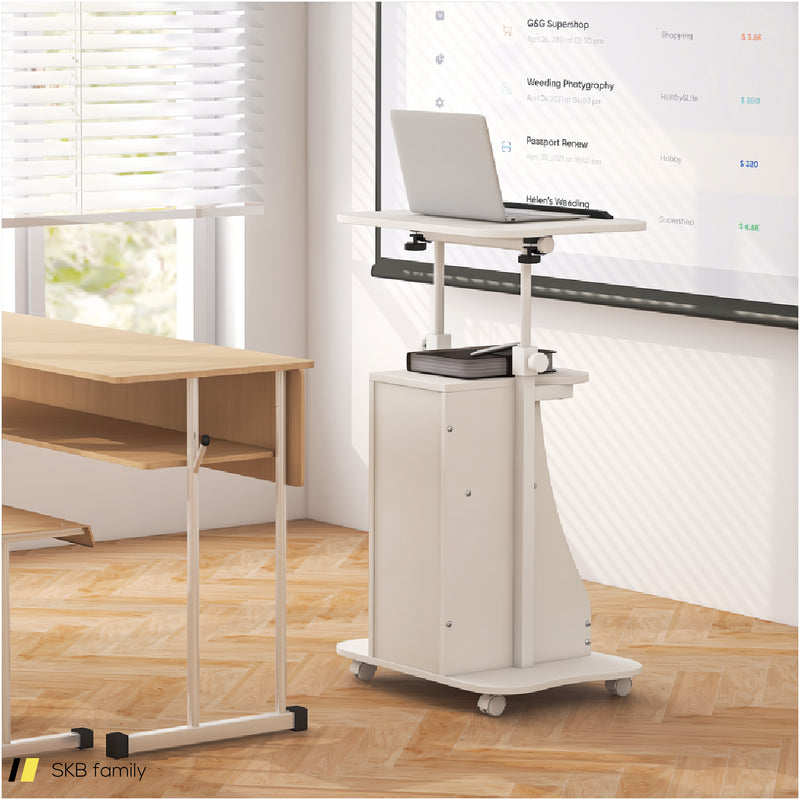 Mobile Podium Stand Height Adjustable Laptop Cart With Tilting Tabletop And Storage Compartments 240615-229384