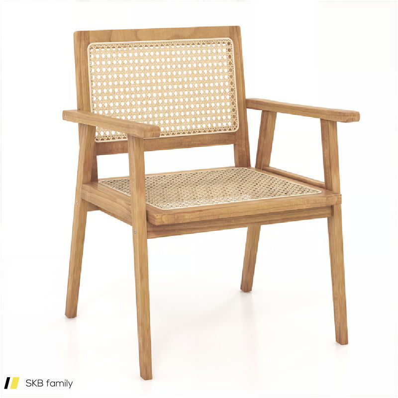 Indonesia Teak Wood Chair With Natural Rattan Seat And Curved Backrest For Backyard Porch Balcony 240615-229387