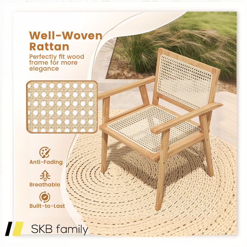 Indonesia Teak Wood Chair With Natural Rattan Seat And Curved Backrest For Backyard Porch Balcony 240615-229387