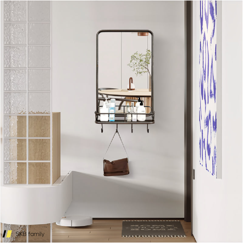 Wall Bathroom Mirror With Shelf Hooks Sturdy Metal Frame For Bedroom Living Room 240615-229393