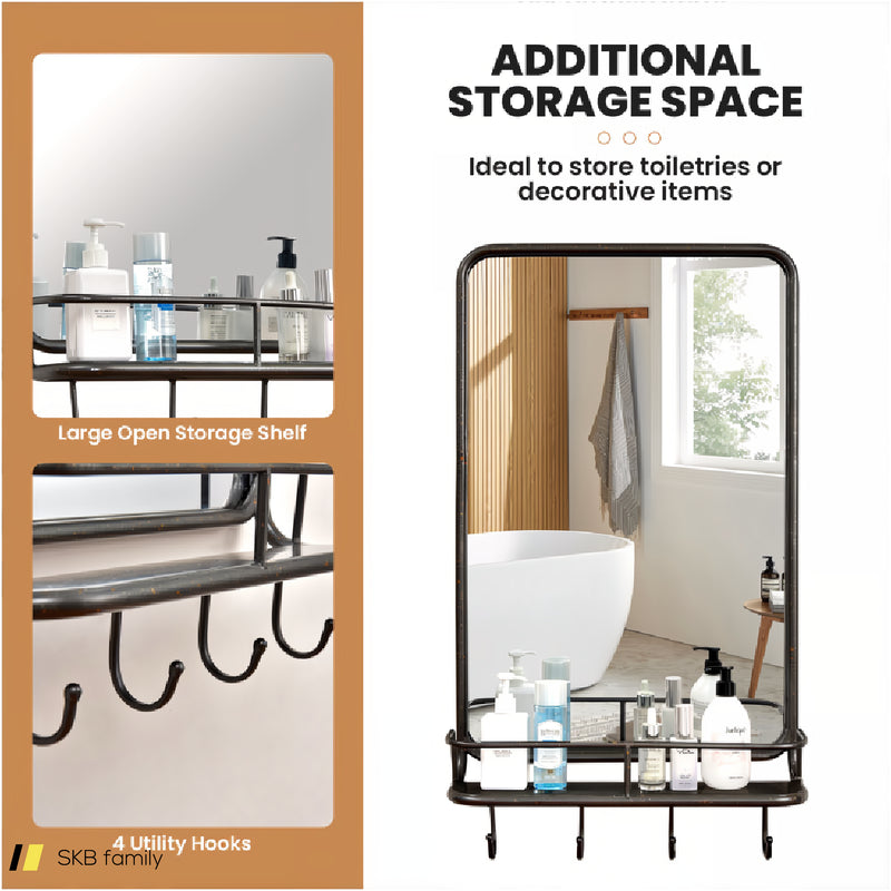 Wall Bathroom Mirror With Shelf Hooks Sturdy Metal Frame For Bedroom Living Room 240615-229393