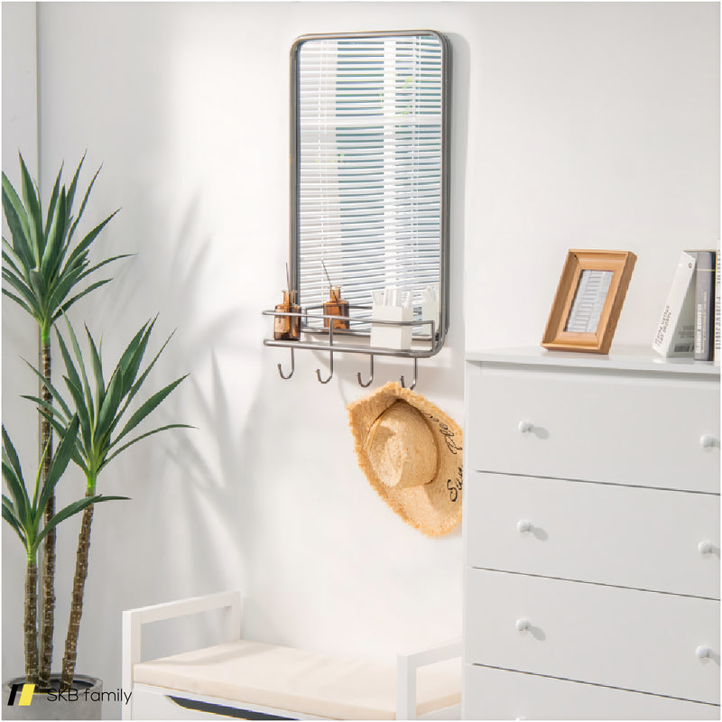 Wall Bathroom Mirror With Shelf Hooks Sturdy Metal Frame For Bedroom Living Room 240615-229393