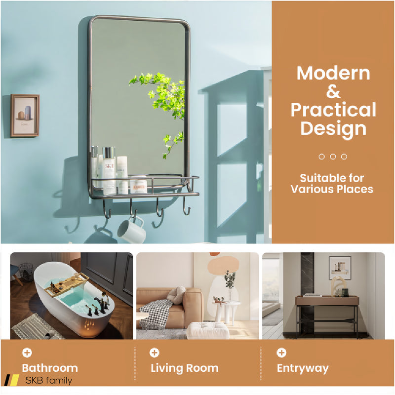 Wall Bathroom Mirror With Shelf Hooks Sturdy Metal Frame For Bedroom Living Room 240615-229393