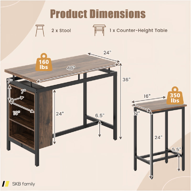 3 Pieces Dining Table Set With 3-Tier Storage Shelf And Metal Frame 240615-229395