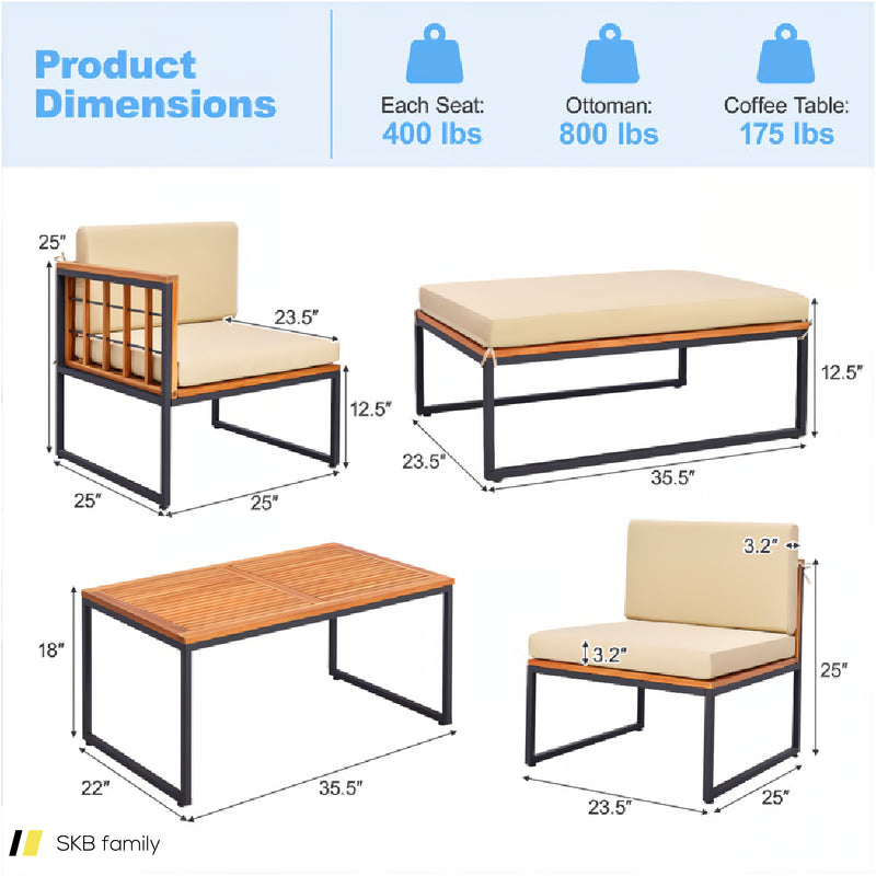 5 Pieces Patio Furniture Set Acacia Wood Sectional Set With Heavy-Duty Metal Frame 240615-229399