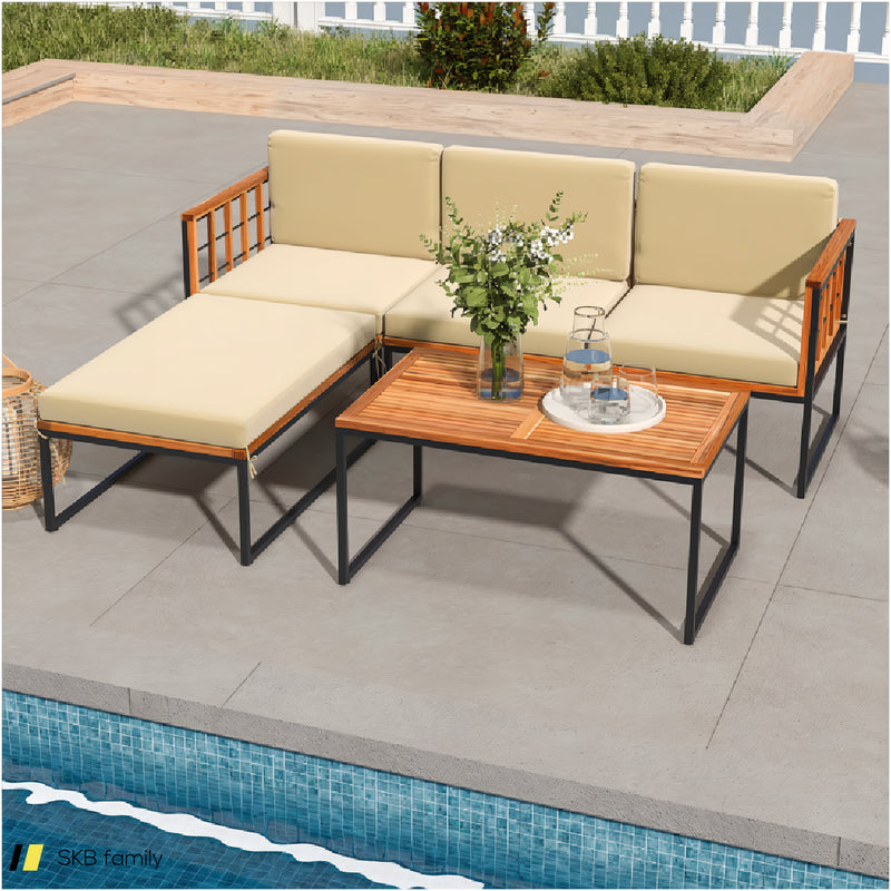 5 Pieces Patio Furniture Set Acacia Wood Sectional Set With Heavy-Duty Metal Frame 240615-229399