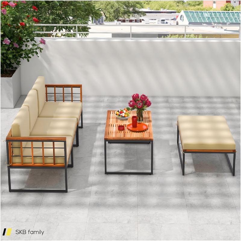 5 Pieces Patio Furniture Set Acacia Wood Sectional Set With Heavy-Duty Metal Frame 240615-229399