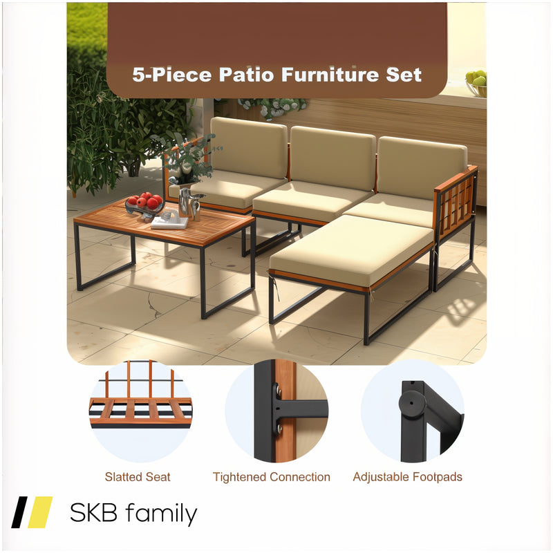 5 Pieces Patio Furniture Set Acacia Wood Sectional Set With Heavy-Duty Metal Frame 240615-229399