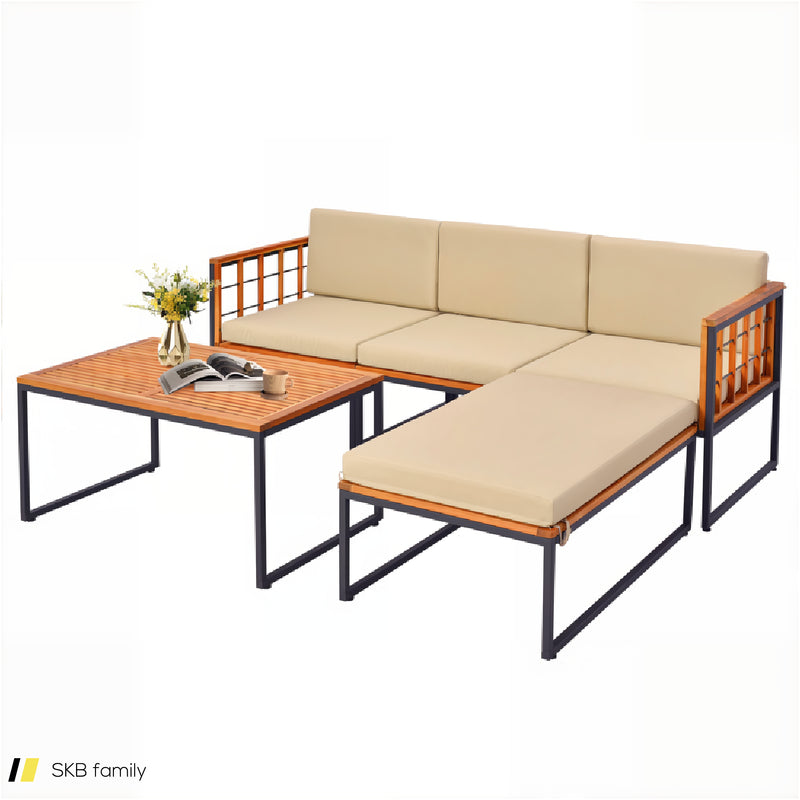 5 Pieces Patio Furniture Set Acacia Wood Sectional Set With Heavy-Duty Metal Frame 240615-229399