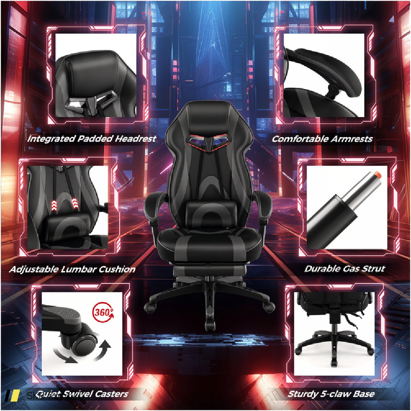 Gaming Chair Racing Style Swivel Chair With Footrest And Adjustable Lumbar Pillow 240615-229402