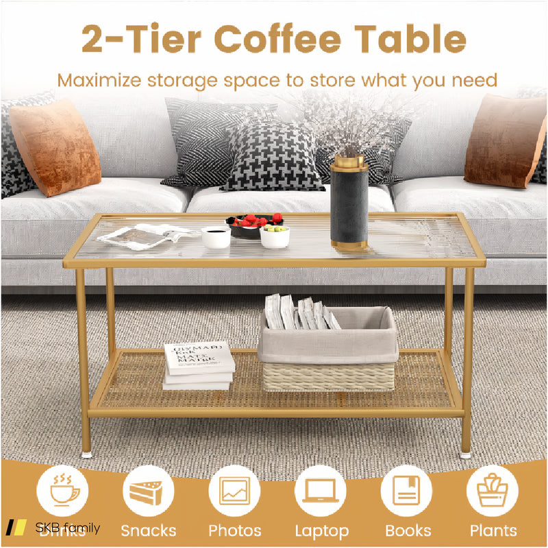 2-Tier Coffee Table With Shelf Center Tea Table With Tempered Glass Top 240615-230189