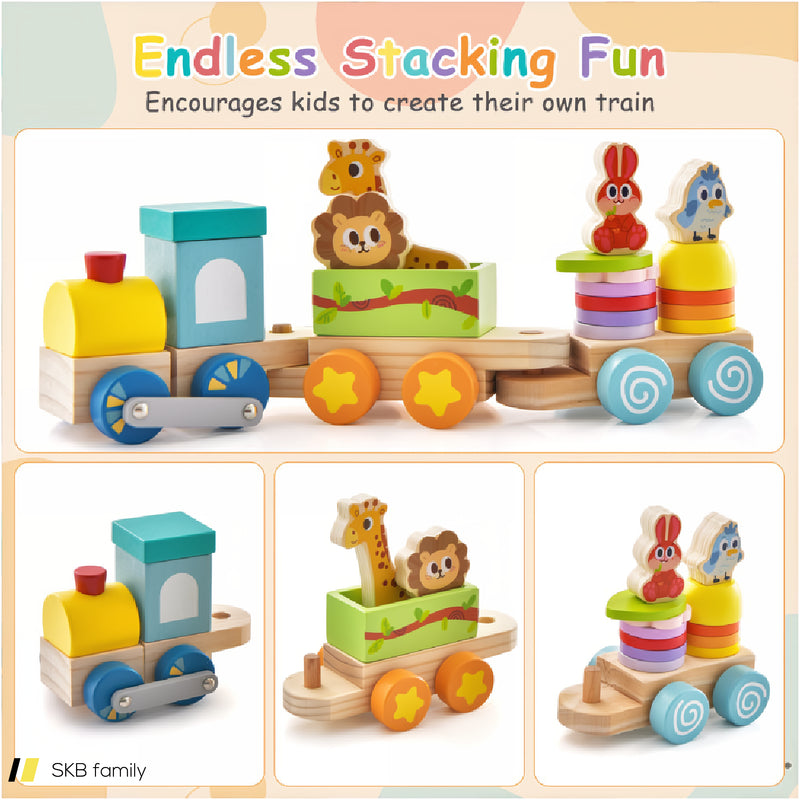 Wooden Stackable Educational Train Set With Colorful Animal Toys And Retractable Locomotive 240515-230760