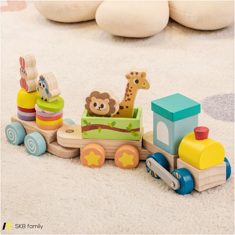 Wooden Stackable Educational Train Set With Colorful Animal Toys And Retractable Locomotive 240515-230760