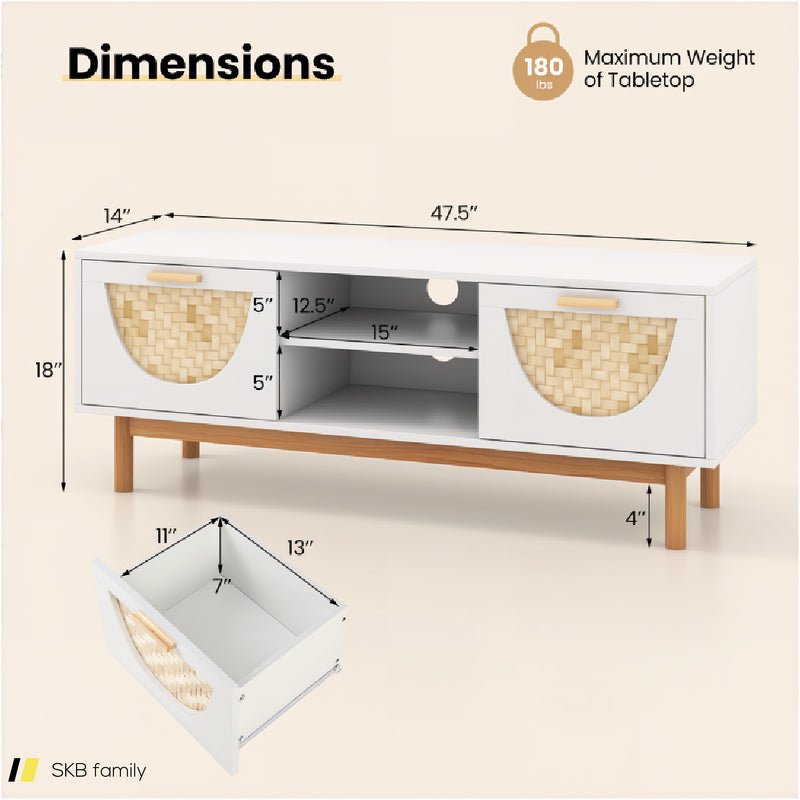 Mid Century Modern Tv Stand Entertainment Center For 55-Inch Tv With 2 Drawers And Bamboo Woven Fronts 240515-230766