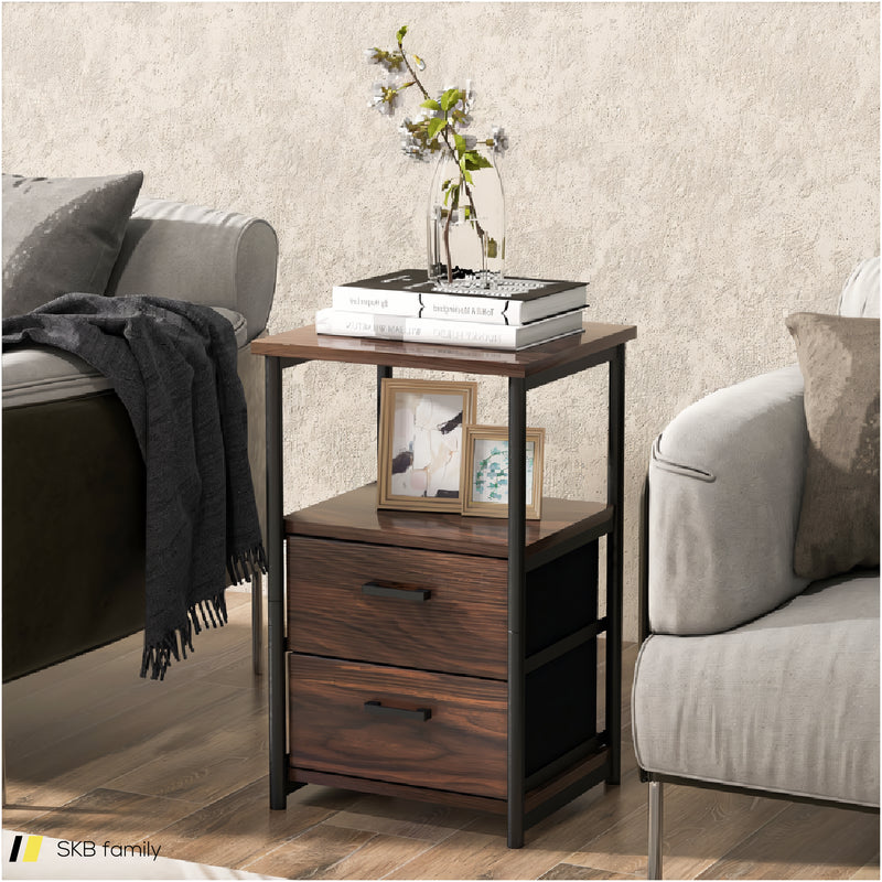 3-Tier Retro Nightstand With 2 Removable Fabric Drawers And Open Shelf 240515-230771