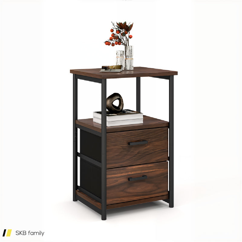 3-Tier Retro Nightstand With 2 Removable Fabric Drawers And Open Shelf 240515-230771